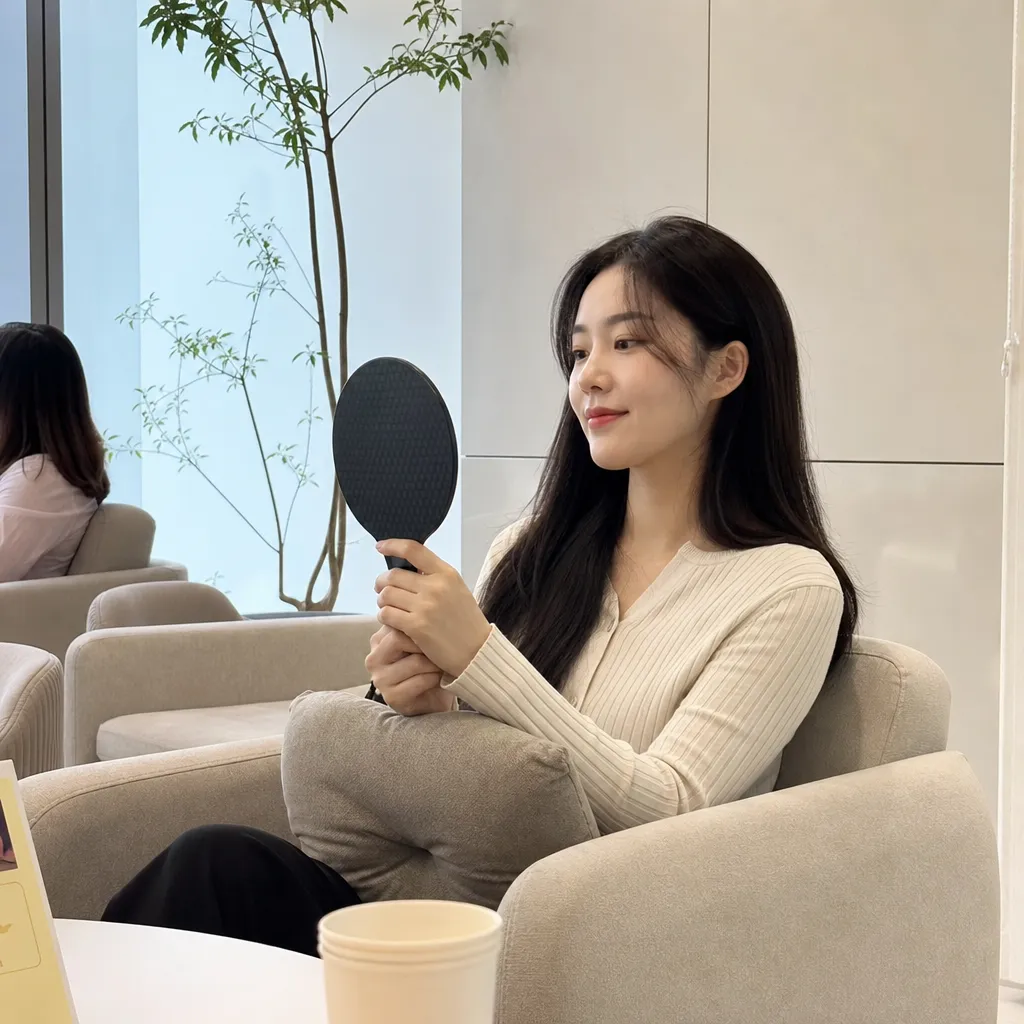 필러 시술 후 붓기 회복 기간을 궁금해하며 거울을 보는 여성 일러스트