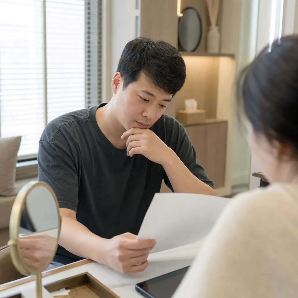 스컬트라 시술 전 전문의와 사전 상담에서 확인사항을 검토하는 장면