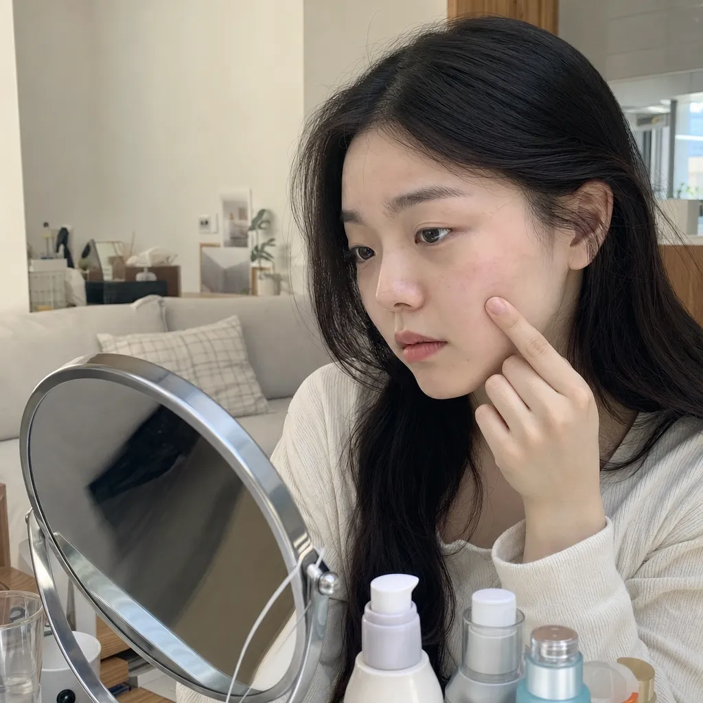 필러 시술 후 멍 부위를 확인하는 동아시아 여성의 일상 장면