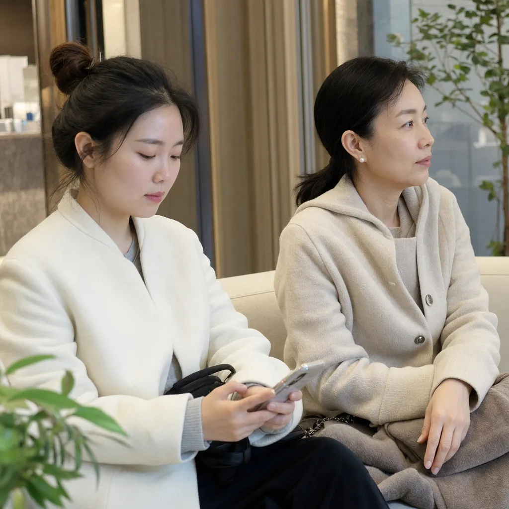 연령과 피부 유형이 다른 두 여성이 피부 관리 방법을 비교하는 장면