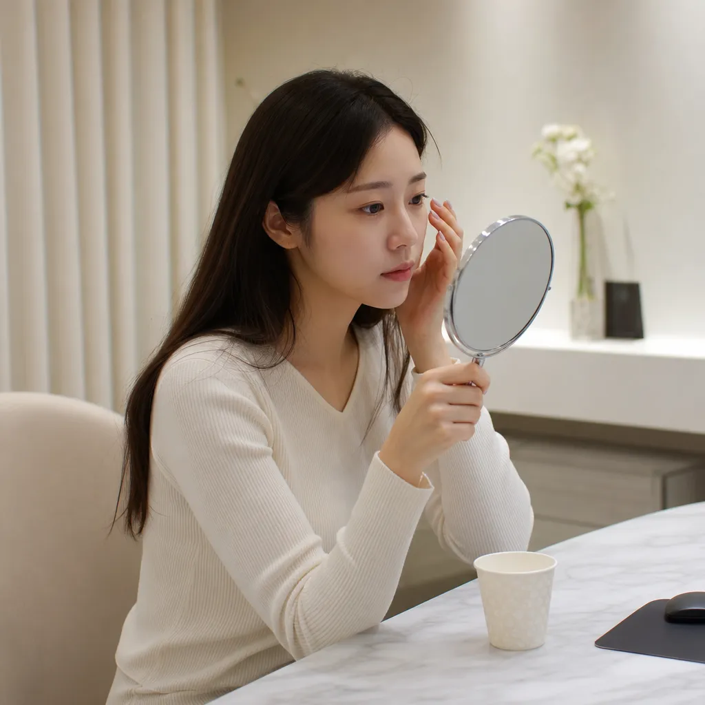 쌍꺼풀 수술 설계 전 거울로 눈매를 확인하는 여성의 모습