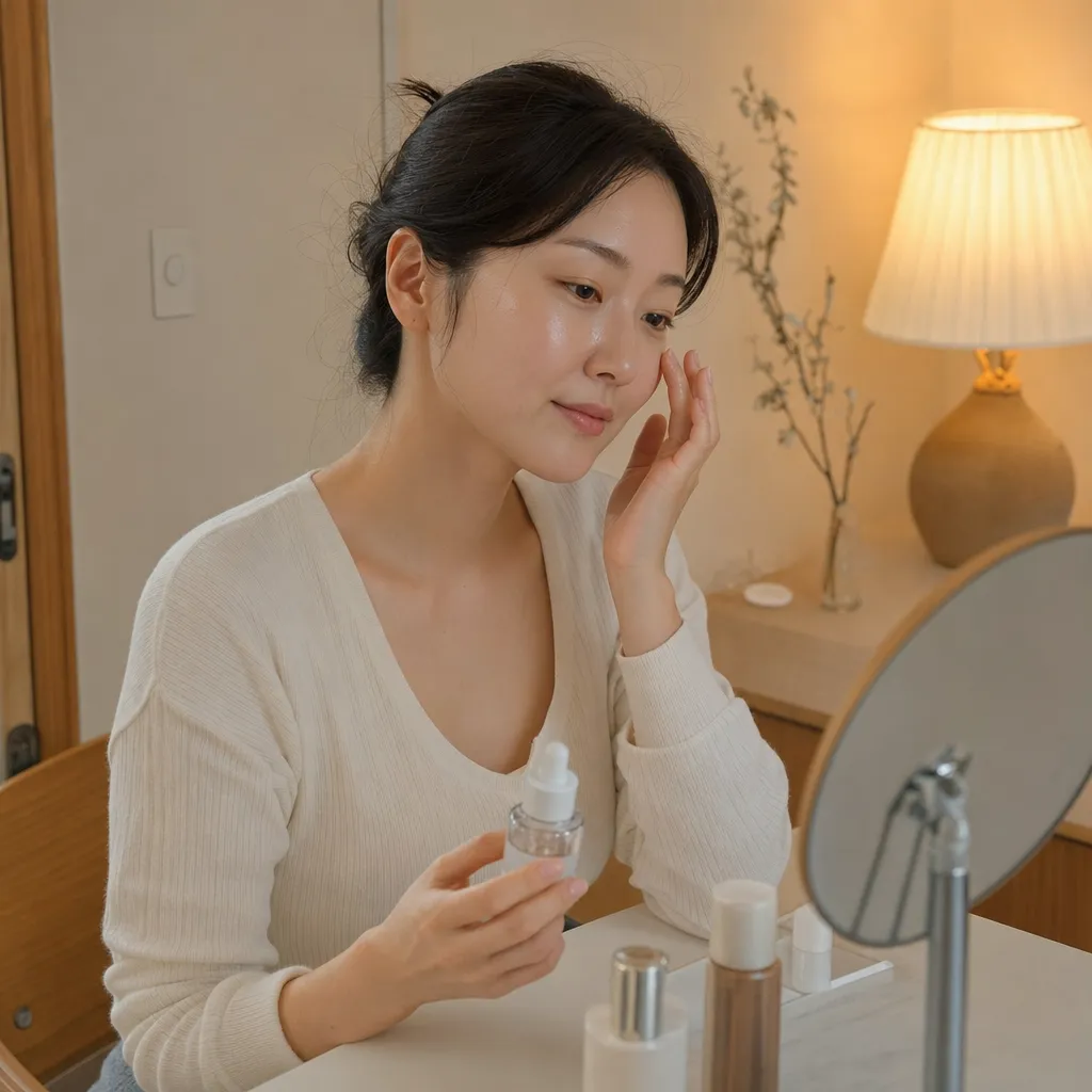히알루론산앰플을 피부에 부드럽게 도포하는 스킨케어 장면