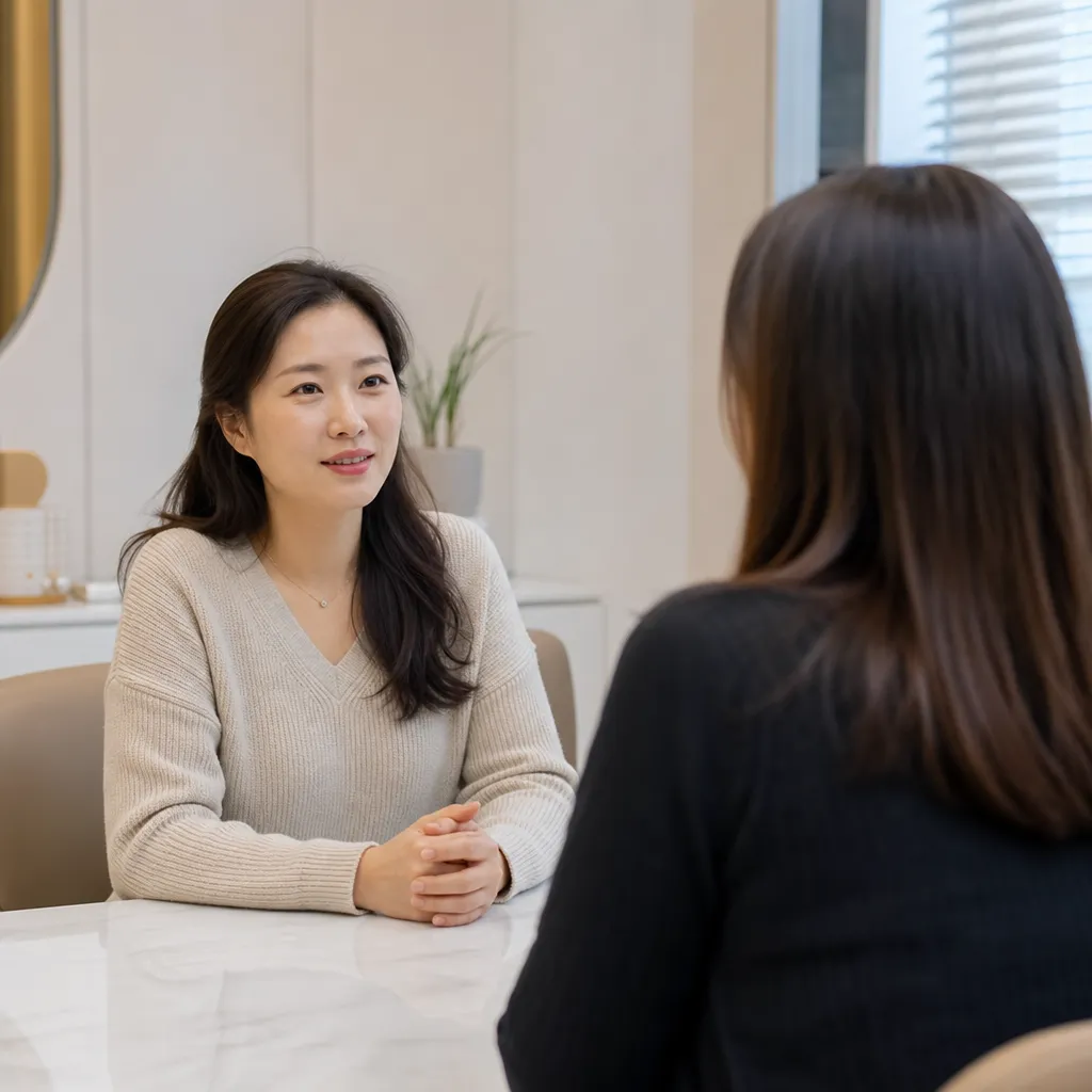피코레이저 시술 전 진단 및 상담 과정을 나타낸 클리닉 장면 일러스트