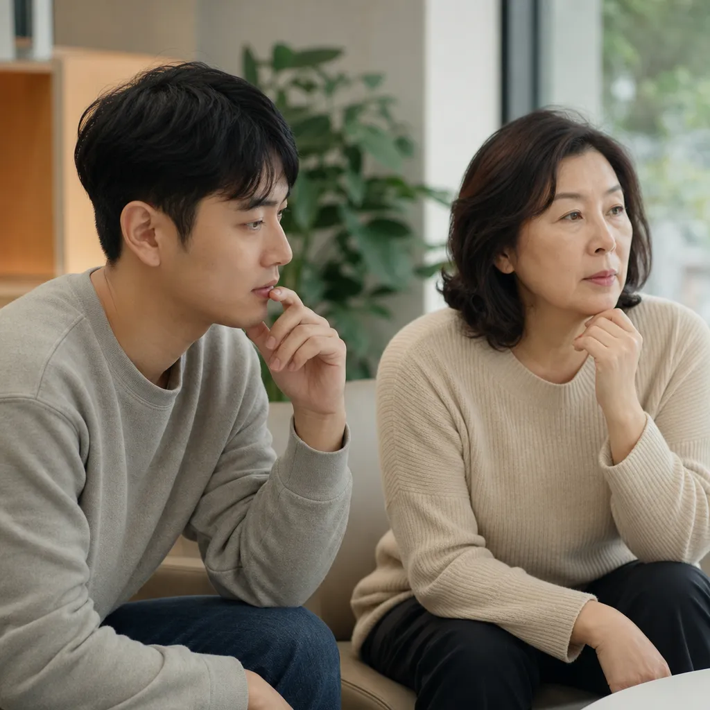 피부 상태가 다른 두 사람이 나란히 앉아 상담을 기다리는 일러스트