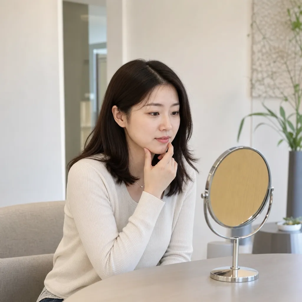 필러 시술 후 멍 부위를 살펴보며 회복 기간을 고민하는 여성 일러스트