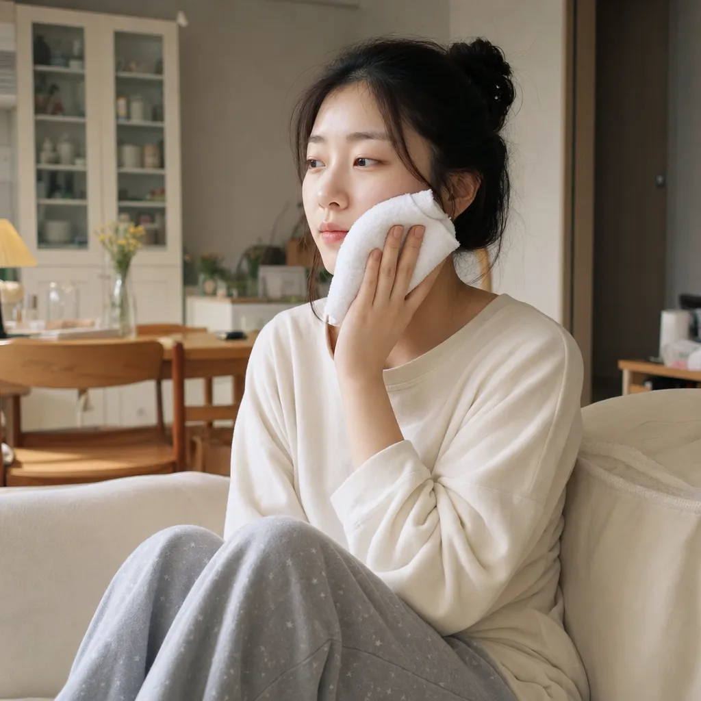 필러 시술 후 2일~1주차 붓기 완화를 위해 냉찜질하는 여성 일러스트