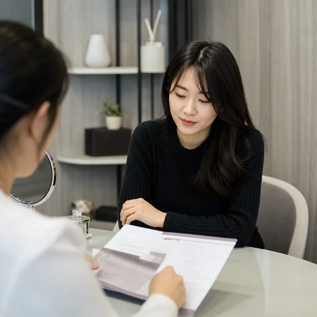상담실에서 히알루론산 시술 관련 안내 서류를 함께 검토하는 내원객과 상담사 일러스트