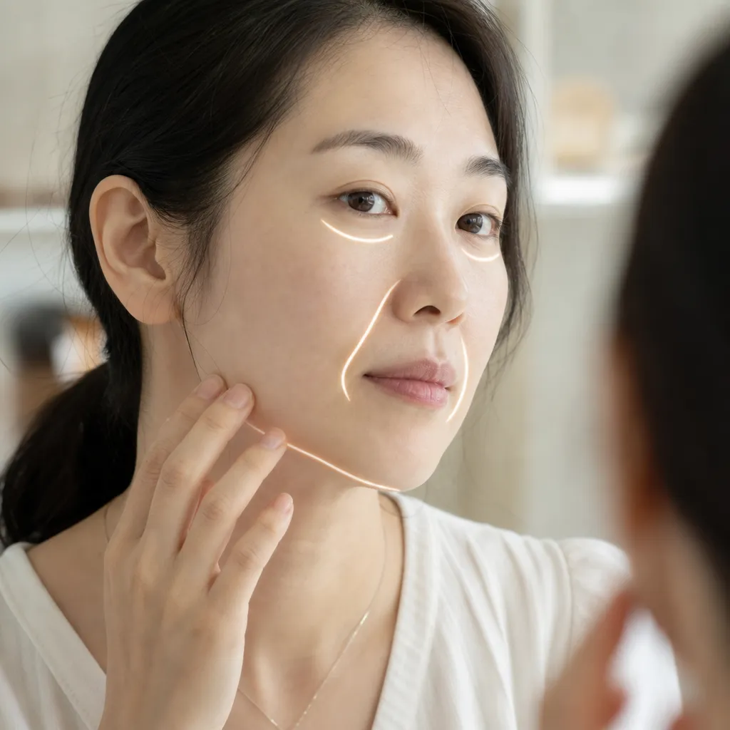 눈물고랑·팔자·턱선 등 히알루론산 필러 주요 적용 부위를 표시한 얼굴 일러스트