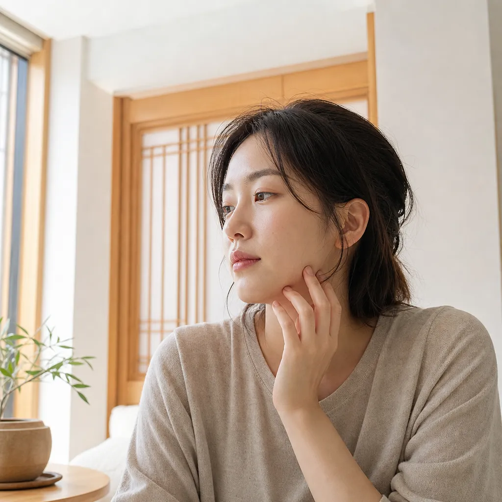 광대윤곽주사 적합 여부를 고민하는 동아시아 여성의 자연스러운 일상 장면
