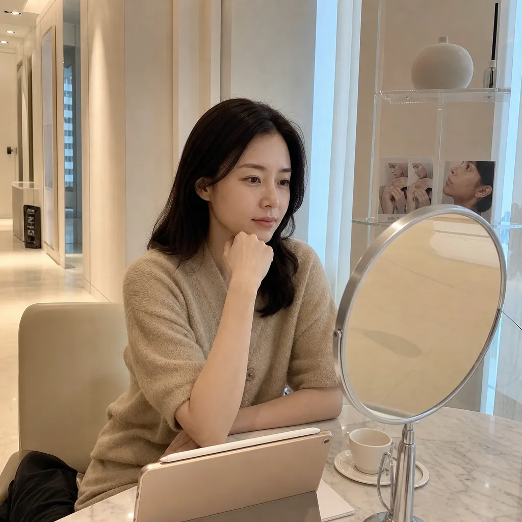 광대윤곽주사 상담을 앞두고 얼굴 고민을 나누는 여성 일러스트