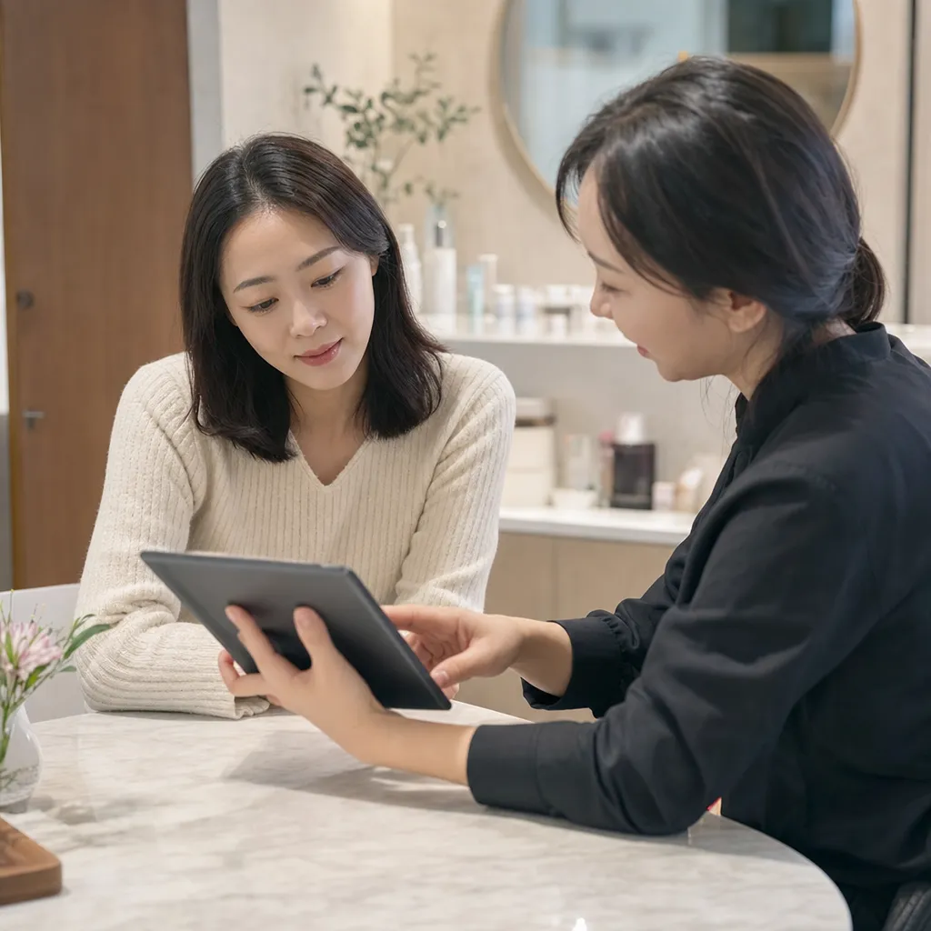 피부과 전문의와 환자가 포텐자효과 및 시술 계획을 논의하는 상담 장면