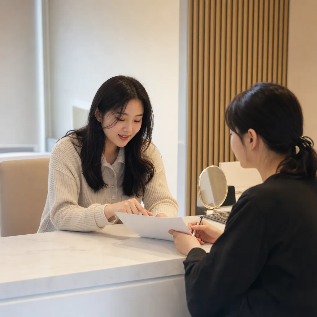 윤곽주사 상담 전 확인사항을 꼼꼼히 검토하는 동아시아 여성