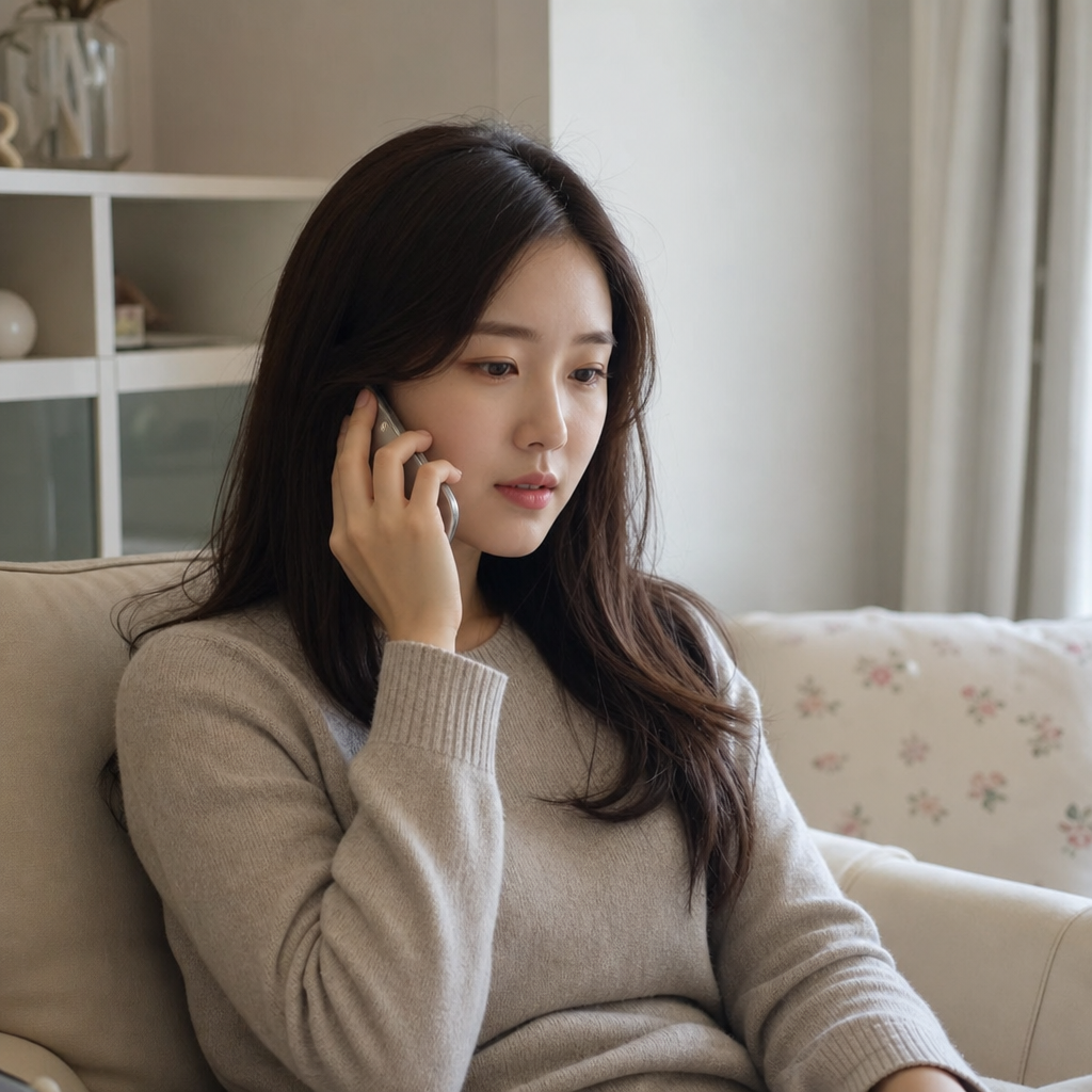 필러 시술 후 이상 증상을 확인하고 의료진에게 문의하는 여성 일러스트