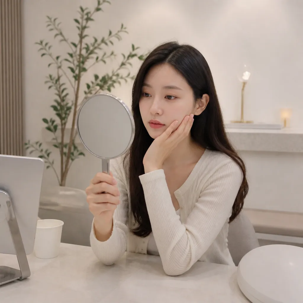 상담실에서 거울로 입술 라인을 살펴보는 동아시아 여성