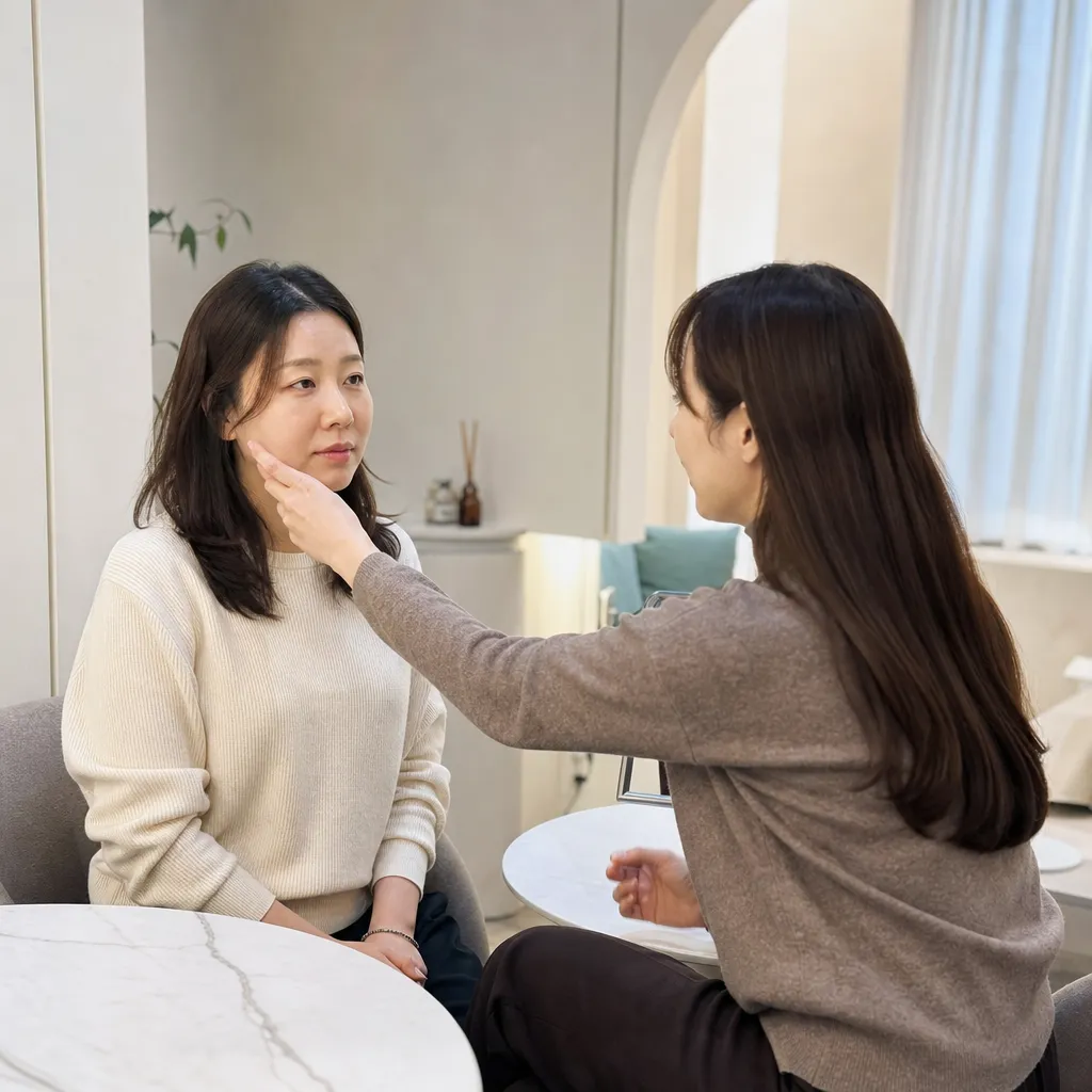 얼굴 구조에 따라 스컬트라 적정 용량을 상담하는 장면