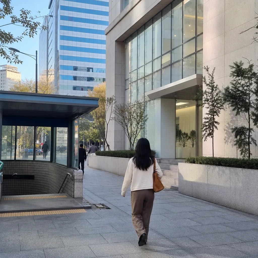 강남역 인근 성형외과를 찾아가는 사람을 표현한 도시 일러스트
